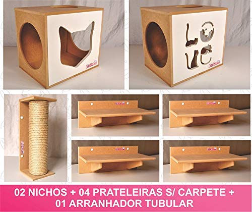 Kit 02 Nichos Gatos + 04 Prateleiras+ 01 Arranhador - Cj 07 pçs