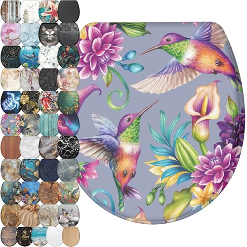 Image of Sanilo Wooden Toilet Seat with Quick Release & Soft Close [ROUND] - Decorative & Slow Close Molded Wood Seat - With One Click for Easy Installation & Cleaning - With Adjustable Fit (Hummingbird)
