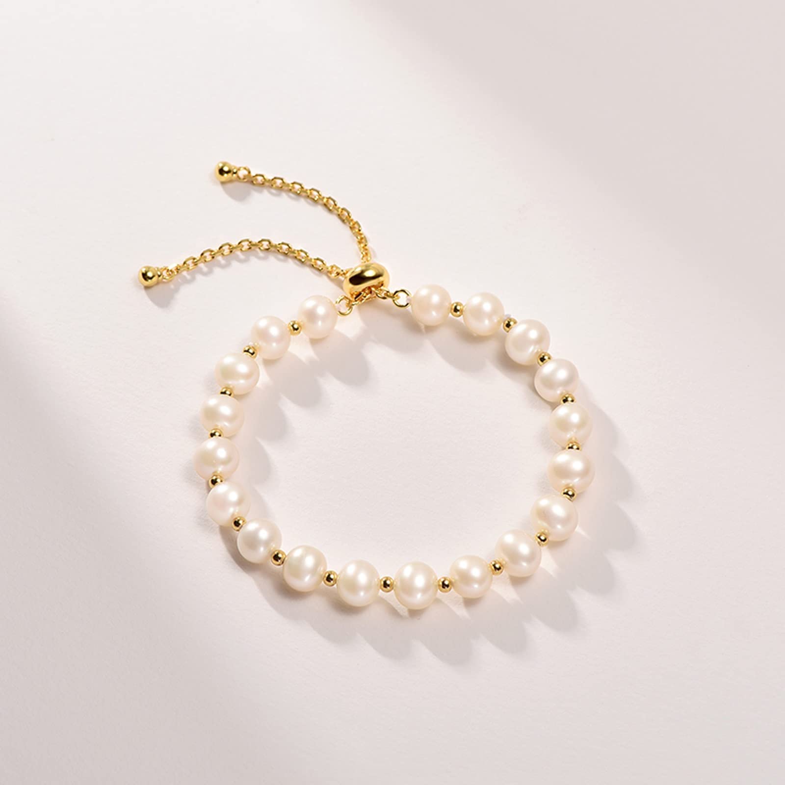 LNNSHX Pulsera para Mujer Pulsera de Perlas Pulsera de Perlas de Agua Dulce de Plata 925 6-7 mm Cerca Redonda pequeña joyería de Regalo de Año Nuevo Fresco para Novia Padres Pulsera joyería