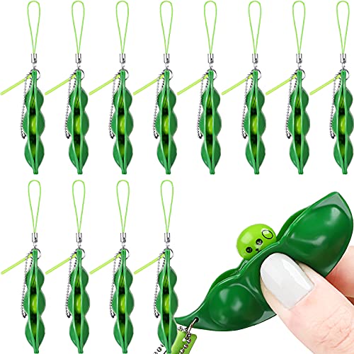 12 Pieces Fidget Bean Toy Funny Facial Expression Bean Fidget Toy Soybean Extrusion Bean Pea Soybean Edamame Keychain Keyring for Boys, Girls, Adults Release Stress and Anxiety