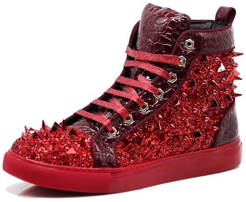 Image of Enzo Romeo Men's High Top Crystal Shimmer Rhinestone Blink Flat Spike Fashion Sneakers Shoes BUL2