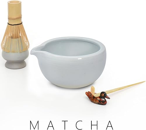 Miniatura 4 de Artcome Kit de ceremonia de matcha para ceremonia de té japonesa, cuenco con boquilla de vertido, batidor, cuchara de té, colador de polvo matcha,