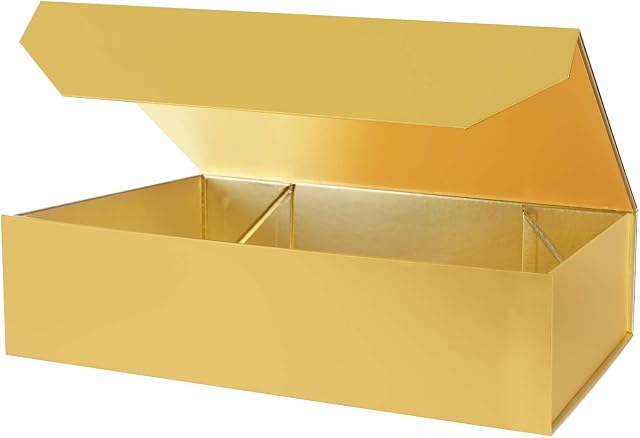 Extra Large Magnetic Gold Gift Box, 43 x 25.5 x 10 cm, Folding Empty Large Gold Present Box, Luxury Reusable Extra Big Gift Box for Presents, Birthday, Christmas, Gift Wrapping (1 Pack)