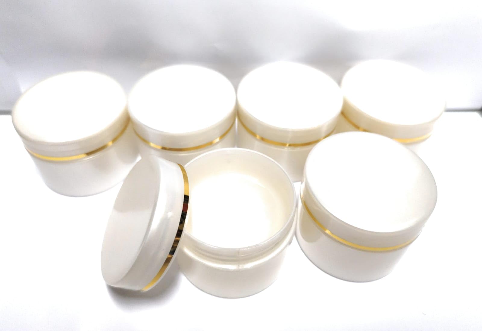 SHREE MAHA Empty Cosmetic Container 50 ML, Plastic Pearl Color Round Gold Ring Cosmetics Container for Creams,Lip Balm, Body Butter, Essential oil, Costemic, Makeup Use, 50 ML (Pack of 6)-image-13