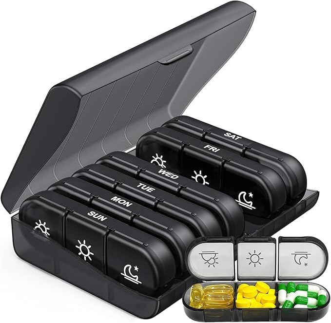 RECLUSE Weekly Pill Organizer 3 Times a Day,Portable Travel Pill Box 7 Day with Large Pill Containers,Light-Proof Pill Case for Vitamins,Supplements and Fish Oils,Removable Medicine Box (Black)