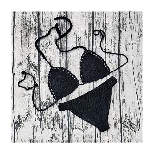 Conjunto De Bikini De Ganchillo Para Mujer, Cuello Colgante De Color Sólido Con Cordones Y Almohadilla En El Pecho Bikinis Traje De Baño De Ganchillo, Bikini Sin Espalda Bohemio De Verano De Dos P