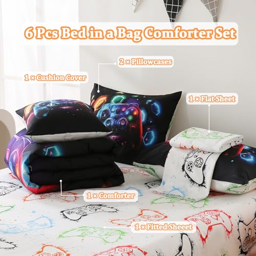 Image of 6 Pcs Bed in A Bag Gaming Full Size Comforter Sets for Boys,Gamer Bedding Set,Game Console Full Comforter Set with Sheets for Kids Teens