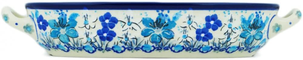 Polmedia Polish Pottery Oval Baker with Handles UNIKAT - Dragonfly Blues Pattern Handmade in Boleslawiec Poland by Ceramika Artystyczna + Certificate of Authenticity