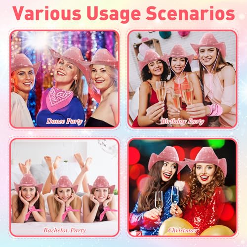 Image of Coume 12 Pcs Sparkly Adults Cowboy Hat and Bandanas Women Men Western Glitter Cowgirl Party Hats with Adjustable Drawstring