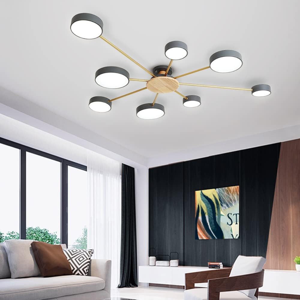 Modern Wood Ceiling Light& Gray 8-Light LED Chandelier | 96W Dimmable 3000K-6000K Semi Flush Mount Ceiling Lamp | Fit Living Room, Bedroom, Dining Room, Hall