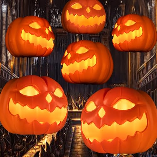 Halloween Decorations - Set of 6 Floating LED Pumpkins with Remote Control - Magic Hanging Flickering Warm Light Flameless Floating LED Pumpkins Decor for Indoor Home Room Bedroom Party Decoration