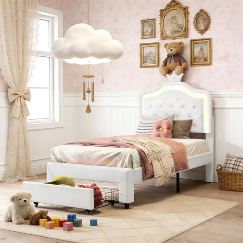 FEEOHOME lit Enfant 90x200, pour Enfant avec tiroir de Rangement, Lit Princesse avec sommier à Lattes, Cadre de lit avec LED, pour Enfant, Adolescents, Beige