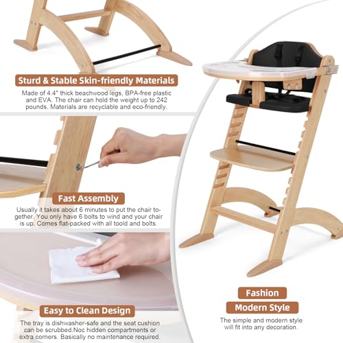 Image of Cowiewie New Upgrade 3-in-1 Convertible Wooden High Chair for Babies & Toddlers 10 Levels Adjustable 3-Tier Remove 2 Waterproof Cozy Cushions Black