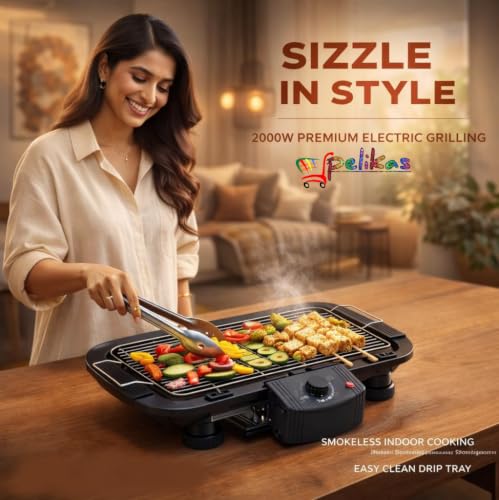 Image of Quality Electric Barbeque Grill Set for home Indoor Outdoor Smokeless Barbeque Gril Tandoor Barbicue Veg-Nonveg Griller Pelikas 2000W Electric bbq grill for home BBQ Griller for Fish, Paneer Tikka