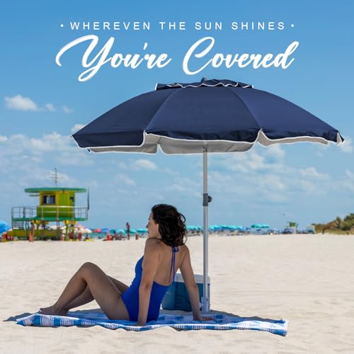 Image of AMMSUN 7ft Beach Umbrella with Sand Anchor Sand Screw, Tilt, Windproof, Sun Protection,UPF 50+ Silver Coating Inside and Telescoping Pole for Outdoor Patio (Solid Navy)