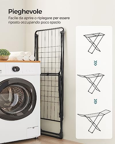 SONGMICS Stendibiancheria pieghevole, stendibiancheria con ali di gabbiano, portabiancheria autoportante, per interni ed esterni, biancheria da letto, nero, LLR540B01 - Immagine 4