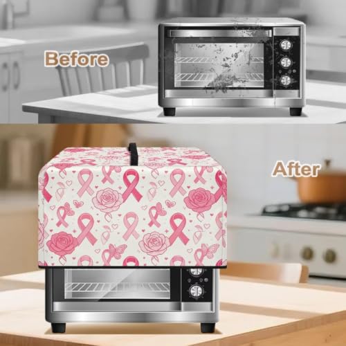 Image of Dustproof Microwave Oven Cover Breast Cancer Awareness Toaster Oven Cover Protector for Kitchen Countertop, L, Pink Ribbon Rose Butterfly Cream White
