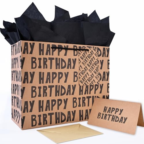 JAYTEM Birthday Gift Bag Kraft Paper Large Gift Bag Classic Black Lettering Design Happy Birthday Bag Set with Greeting Card Tag Envelope & Tissue Paper for Men Boys Kid