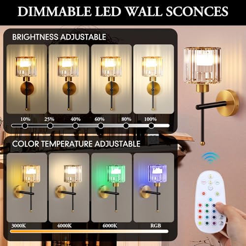 Image of Retisee 2 Set Modern Battery Operated Glass Crystal Wall Sconces Wireless Rechargeable Wall Light with Remote 12 Colors Dimmable Crystal Sconce Lamp for Bedroom Porch Bulbs Included Black Rod