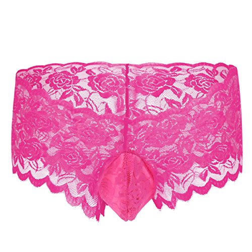 IWEMEK Sexy Mens Lingerie Silky Lace Briefs Sissy Pouch Crossdress Panties Bikini Sexy For Men Babydoll G-String See-Through Garter Thong Underwear Nightwear Hot Pink