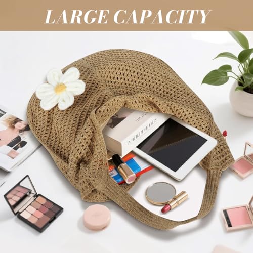 Image of PALAY Tote Bag for Woman Crochet Mesh Beach Shoulder Bags with Flower Brooch Summer Vacation Knitted Bag for Women Shoulder