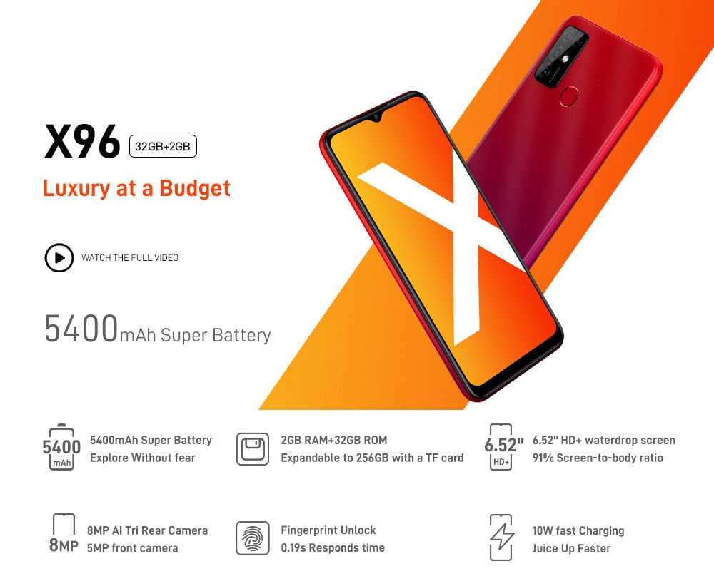 Smartphone Libero X96, Cellulare Android Senza Contratto, Octa Core, 2GB RAM 32GB ROM, Batteria 5400mAh, Tripla Fotocamera 8MP, Schermo Waterdrop 6,52'', Dual SIM+SD 3 Slot, Impronta GPS Verde