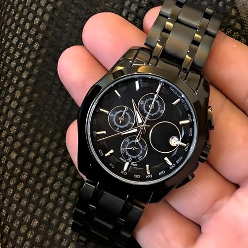 Image of Men's Luxury Analog Watch, Round Rose Gold Case, Black Dial, Stainless Steel Two-Tone Bracelet Strap for Office, Business