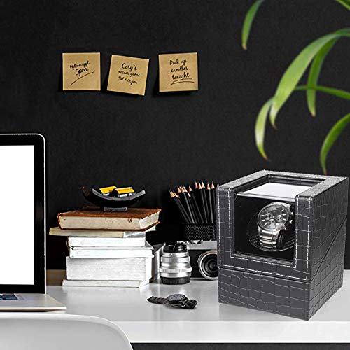 Image of Single Watch Winder for Automatic Watches, Super Quiet, in Wood Shell and Black Leather /Carbon Fiber Leather, Japanese Motor