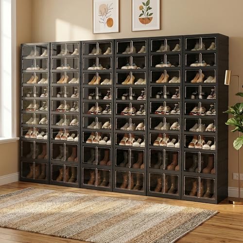 Image of Foldable Shoe Organizer Storage Box Set of 6, Portable Extra Large Folding Shoe Rack for Closet, Shoe Storage Box with Magnetic Transparent Door and Wheels, 9 Layers 18 Grids with 4 Big Grids