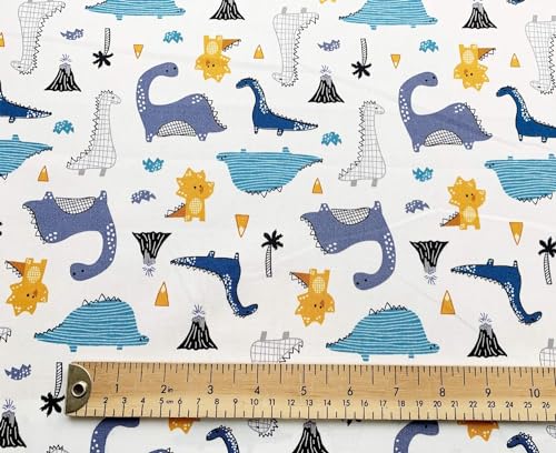 Oddies Tissu pour enfant Motif dinosaure sur fond ivoire 112 cm 100 % popeline de coton 130 g/m² – Vendu au mètre