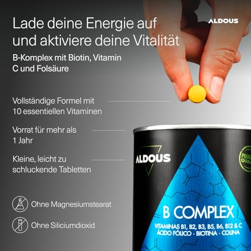 Vitamin B Komplex mit Vitamin C - 400 Tabletten (+12 Monate) - B Vitamine + B12, B1, B2, B3, B5, B6, Folsäure, Biotin, Cholin - Vegan, Hochdosiert - ALDOUS
