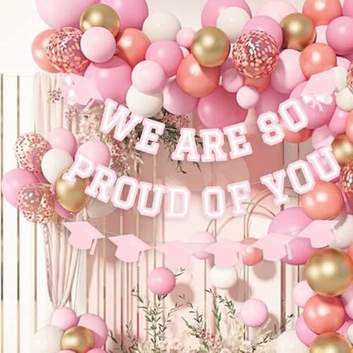 Image of We Are So Proud Of You Banner Graduation Party Decorations Congrats Grad Cap Garlands Wall Sign Pink