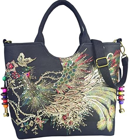 Vintage Shoulder HandBags for Women,Tote Handbags,Ladies Travel Hobo Handbag With Sparkly Sequins Phoenix Embroidered (Black)