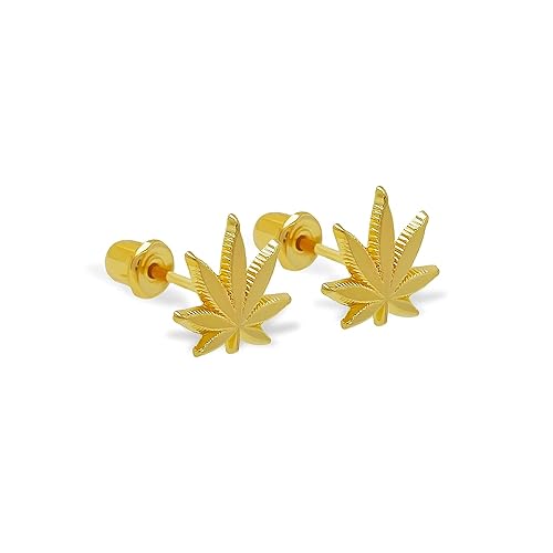 Charm America- Gold Cannabis Leaf Earring - 14 Karat Gold - Great for Gifts (Double Earring (One Set))