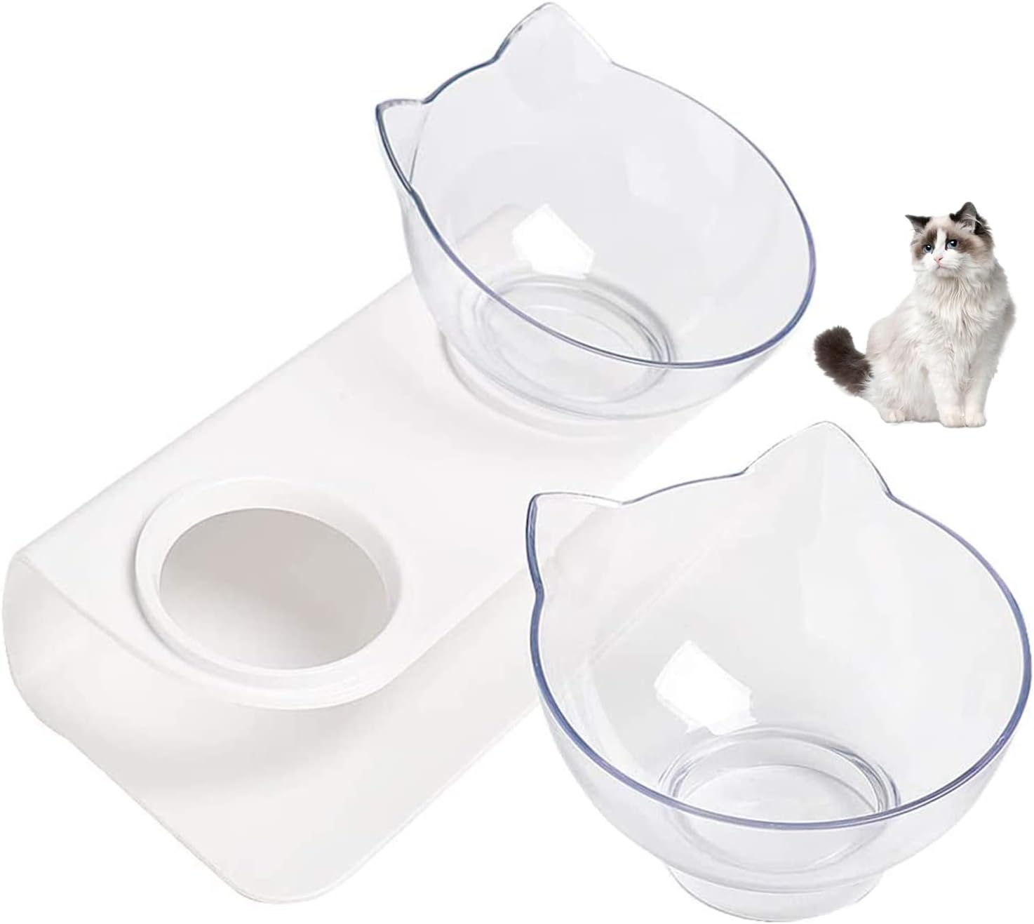 Cat Bowls, Cat Dishes 15° Tilted Raised Elevated Cat Bowls Double Pet Bowl Neck Protective Raised Cat Bowls Food Water 2 in 1 for Cats…