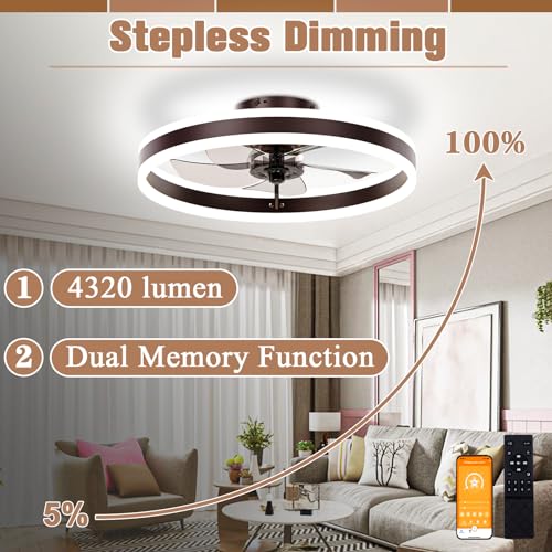 Image of VOLISUN Low Profile Ceiling Fans with Lights and Remote, 19.7in Flush Mount Ceiling Fans with Light, 3000K-6500K Dimmable Fandelier LED Fan Light, Brown Bladeless Ceiling Fans with Lights for Bedroom