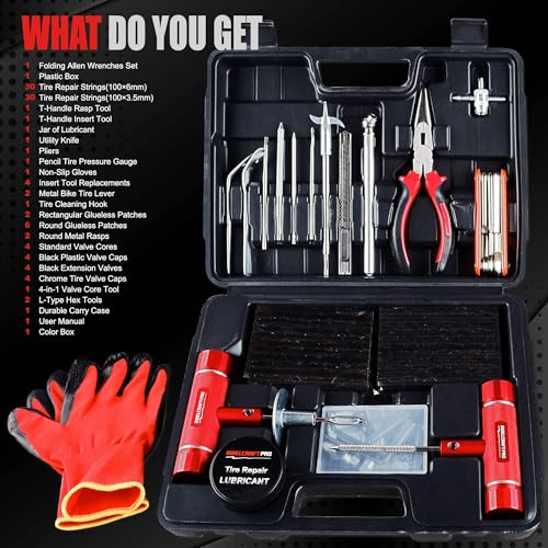 Image of AWELCRAFT 108-Piece Heavy Duty Tire Repair Kit - Professional Flat Tire Plug Set with T-Handle Tools, 4-Way Valve Tool, Pliers, Storage Case