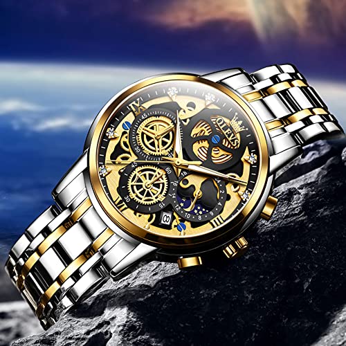 Image of OLEVS Skeleton Watch for Men Stainless Steel Chronograph Watch for Men Classic Waterproof Mens Watches with Date Luxury Business Men's Analog Wrist Watches, relojes para Hombres Blue /Black /Gold /White