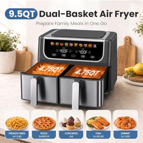 Image of OLIXIS Dual Air Fryers with 2 Baskets 9.5 Quarts Large Airfryer 10-in-1 | Independent Temp Control 80-450F, Ceramic Crisper Plate, Sync Setting, Shake Reminder, Bake Broil Defrost Dehydrate, Black