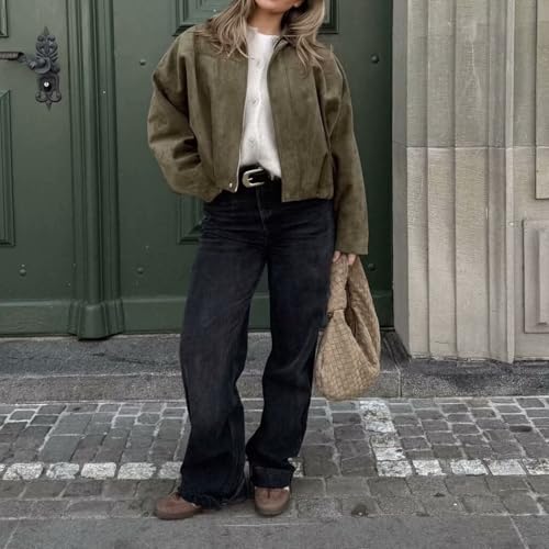 HUIQINGLI Women's Casual Lapel Faux Suede Cropped Jacket, Spring Lapel Pilot Coat Y2k Going Out Jackets Outerwear2