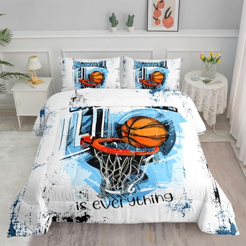 Smell Sunshine Basketball Comforter Set Ball Sports Cartoon Printed Bedding Set with 1 Comforter and 2 Pillowcases for Boys and Girls Bedroom All Season(Basketball-3 Queen)