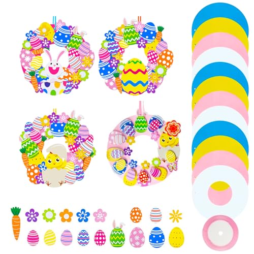 GZGXKJ 12 Pièces Bricolage Couronne de Pâques pour Enfants 425 Pcs Autocollants à Bulles avec 4,5M Ruban Rose Autocollants en Mousse de Pâques Lapin Poulet...