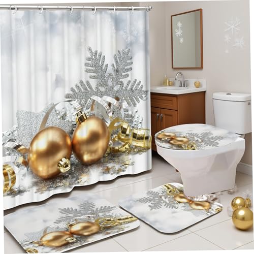 Ensemble rideaux douche Noël 4 pièces avec tapis de bain épais - 3