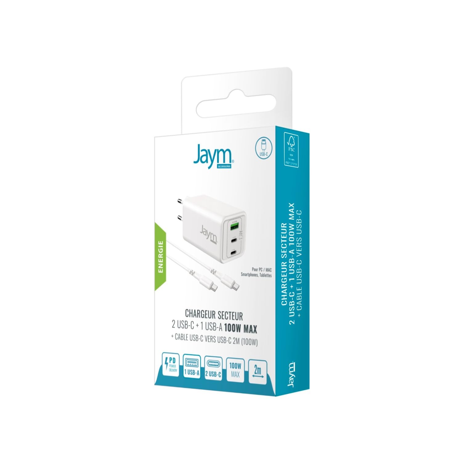 JAYM® GaN - Set di caricabatterie da 100 W + cavo USB-C da 2 m a 3 porte (2 USB-C, 1 USB-A), ricarica rapida PD per MacBook Pro, PC portatile, iPad Pro M4, iPhone 17/16, Samsung S26/S25