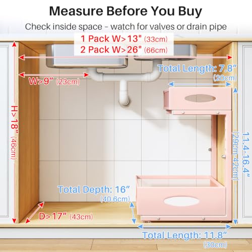 Image of Under Sink Organizer, 2 Tier Pull Out Under Cabinet Organizer Shelf with Pad for Framed Cabinets, Metal Slide Out Under Sink Storage, Mesh Sliding Drawers for Kitchen Bathroom Laundry(Pink, 1 Pack)