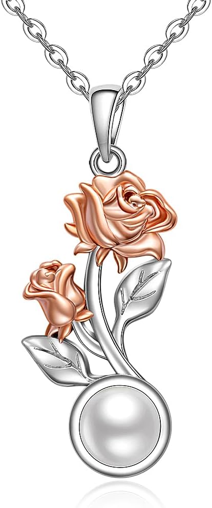 Birth Flower Necklace June Birthstone Rose Necklace for Women Sterling Silver Pearl Rose Pendant Jewelry Charm Mom Birthday Christmas Gifts