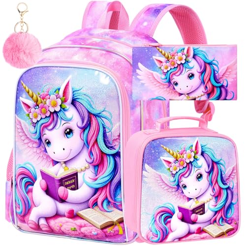 Image of AGSDON 3PCS Read Unicorn Backpack for Girls, 16 inch Kids Backpacks for Girl Water Resistant Preschool, Elementary Bookbag with Lunch Box
