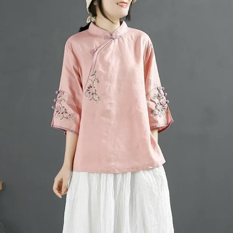 JYHBHMZG Women's Chinese Style Retro Cotton Linen Blouse Spring Summer Collar Frog Button Asymmetrical Embroidered Tea Outfit