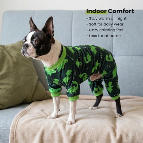 Image of Fitwarm Dinosaur Dog Fleece Pajamas, Warm Clothes for Small Dogs Boy, Cozy Pet Onesie with Feet, Dark Green, Bright Green, XS