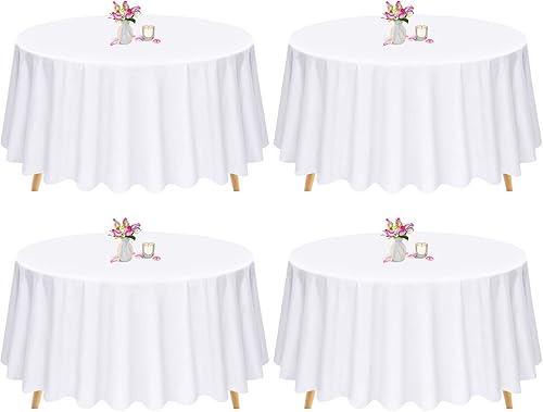 Pesonlook Paquete de 4 manteles redondos blancos de 90 pulgadas, mantel de poliéster para mesas redondas, mantel lavable, resistente a las manchas y